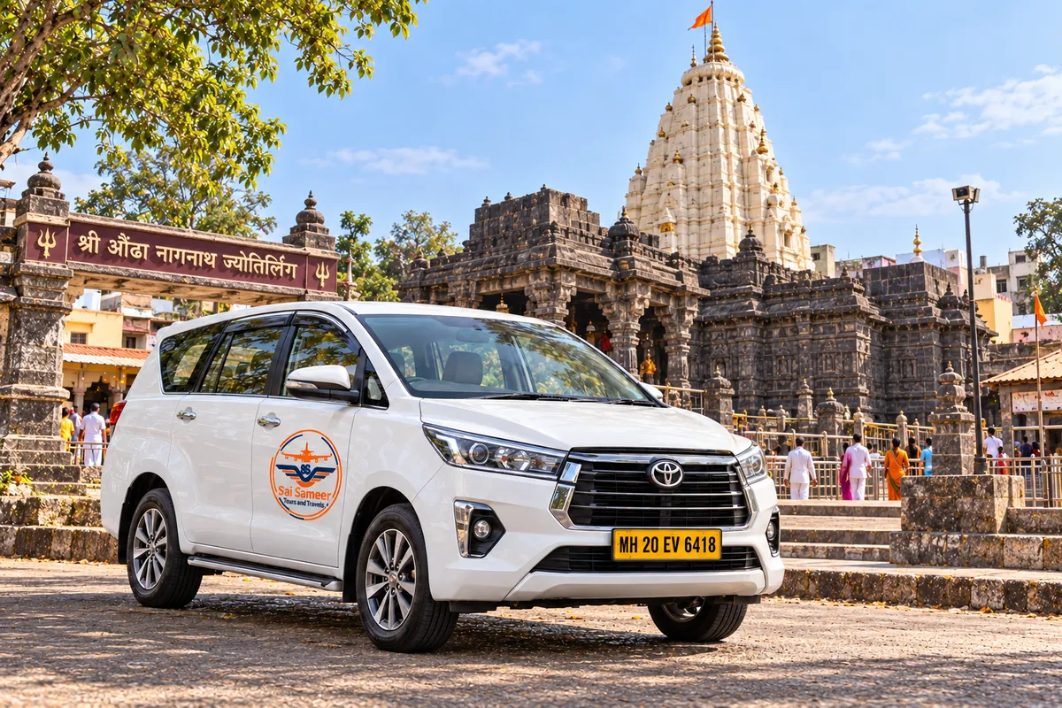 Shri Aundha Nagnath Jyotirlinga temple with a Sai Sameer Tours and Travels Innova Crysta