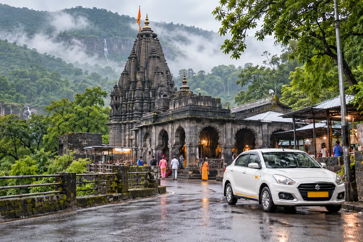 Bhimashankar temple in the Sahyadri hills with a Sai Sameer Travels cab — the destination of this trip