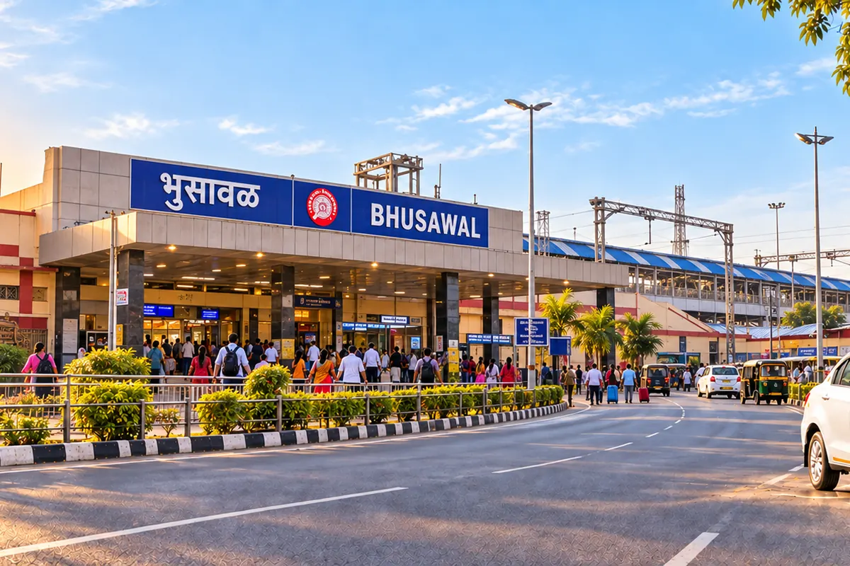 Bhusawal railway station with a Sai Sameer Travels cab — the destination of this route