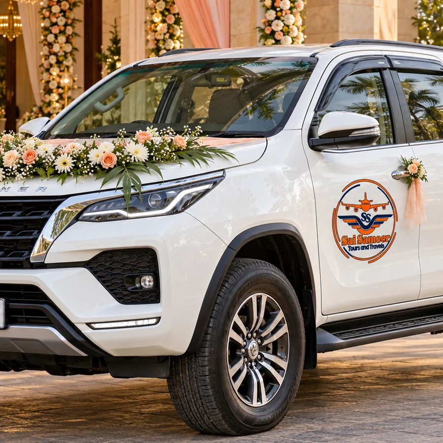 Decorated Toyota Fortuner for a wedding at a venue entrance