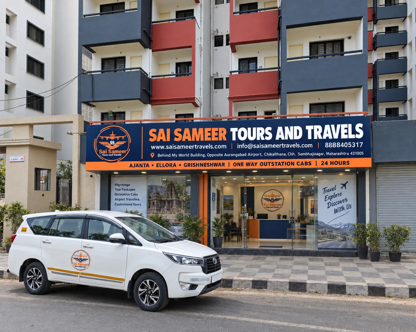 Sai Sameer Tours and Travels car rental office in Chikalthana, opposite Chhatrapati Sambhajinagar Airport